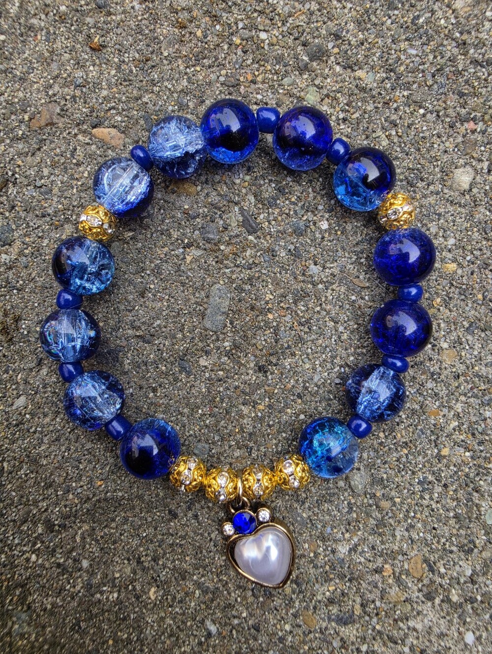 Blue Crackle Glass Bead Bracelet with Faux Pearl Heart Charm